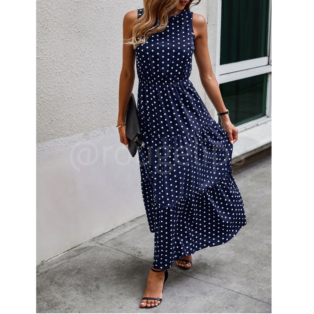 Polka Dot Navy Blue Maxi Dress Sleeveless Flared Long - Picture 2 of 6